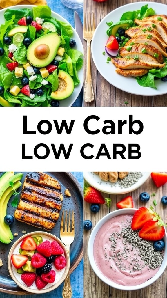 4-Week Low Carb Meal Plan Collage of low carb meals including salads, grilled meats, and healthy snacks on a wooden table.